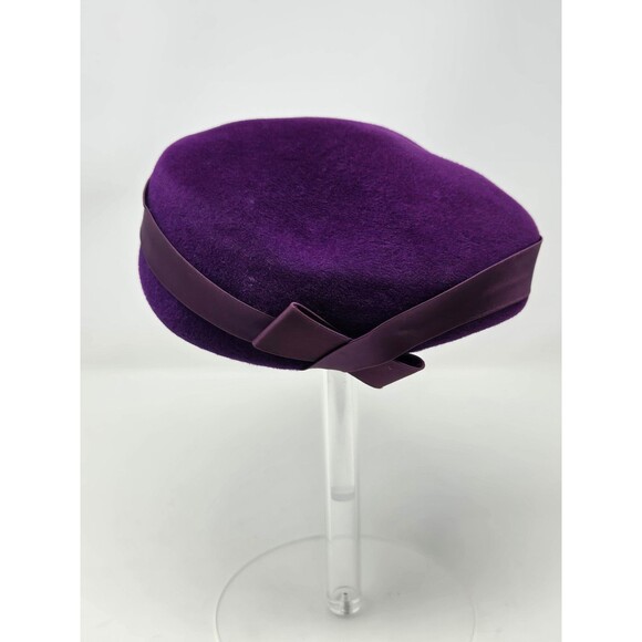 VINTAGE EVA MAE MODES PURPLE VELOUR PILLBOX HAT CAP MCM 50S RIBBON BOW WOMEN OS - Picture 3 of 10